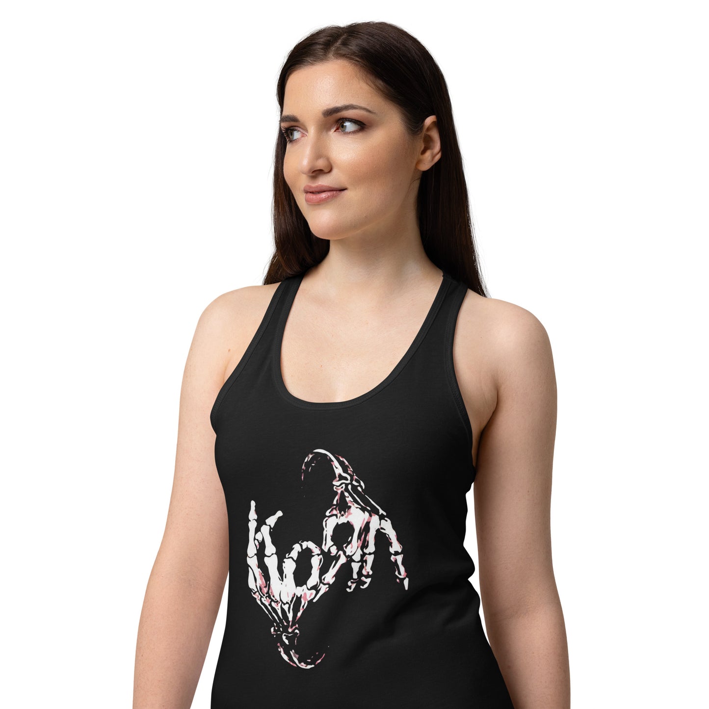 A woman wearing a black racerback tank top with a white and pink graphic print of a skeletal hand on the front, photographed against a solid white background.