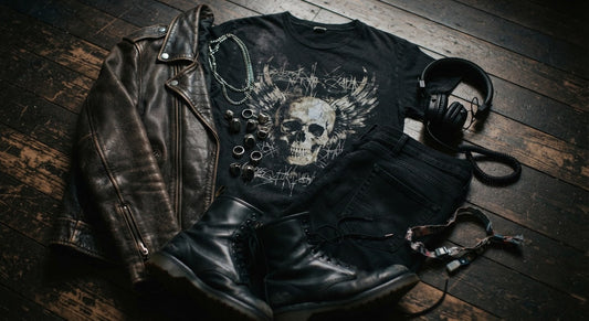 Black band t-shirt styled with black jeans, leather jacket and boots, laid out on a dark wooden floor