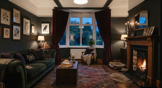 interior photograph of an average UK family living room styled with a modern gothic aesthetic at dusk.