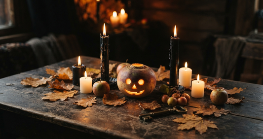 Candles, autumn leaves and a carved turnip lantern on a dark wooden table for Samhain