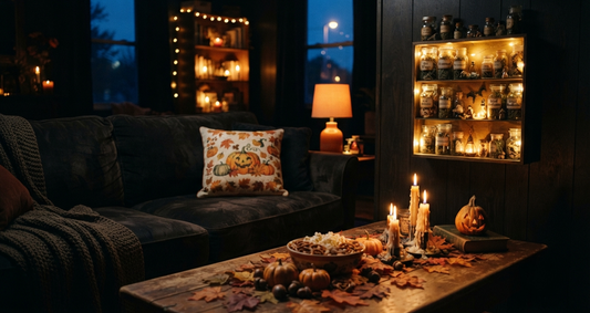 Cosy Halloween living room with candles, pumpkin cushion and apothecary shelf decor