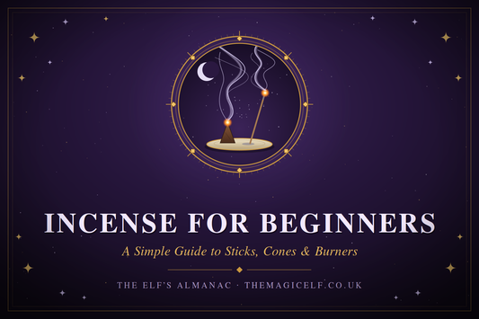 Incense cone and stick smoking on a ceramic plate inside a gold ring, titled "Incense for Beginners: A Simple Guide to Sticks, Cones & Burners"