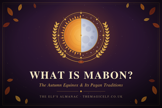 Half sun, half moon emblem with a wheat wreath and autumn leaves, titled "What Is Mabon? The Autumn Equinox & Its Pagan Traditions"