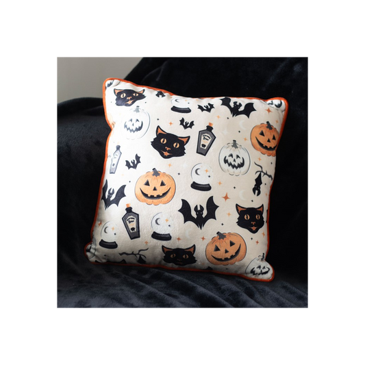 35cm Square Spooky Cat and Pumpkin Print Cushion