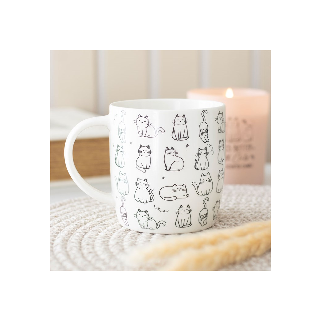 White Happy Cat Print Mug