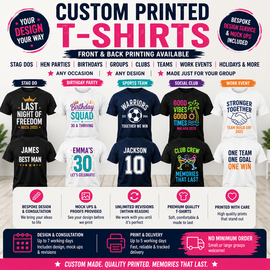 Custom Printed Event T-Shirts – Stag Do, Hen Party, Birthday, Club & Group T-Shirts with Front & Back Printing