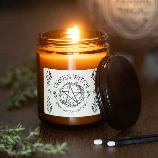 Green Witch White Sage Amber Glass Candle