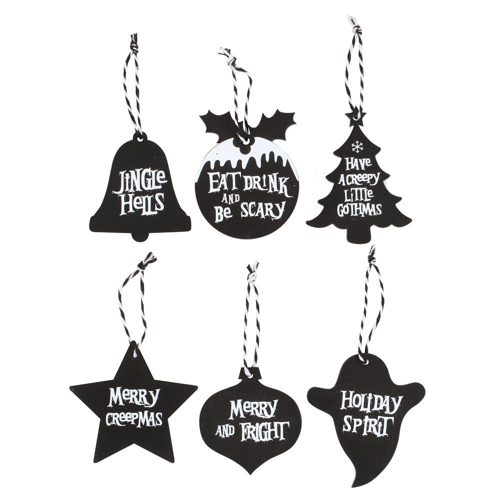 Set of 36 Creepy Christmas Hanging Signs on Display