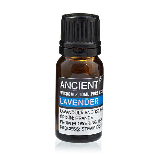 Bottle of lavender essential oil with a black cap on a white background