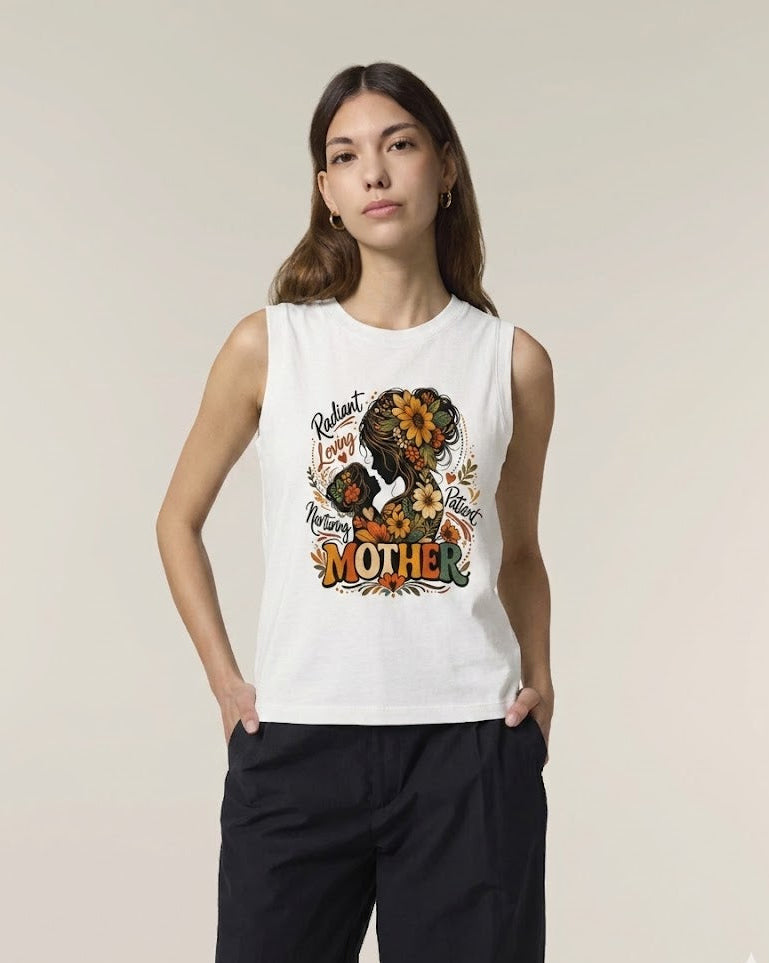 Woman wearing a white sleeveless shirt with a graphic design on a beige background