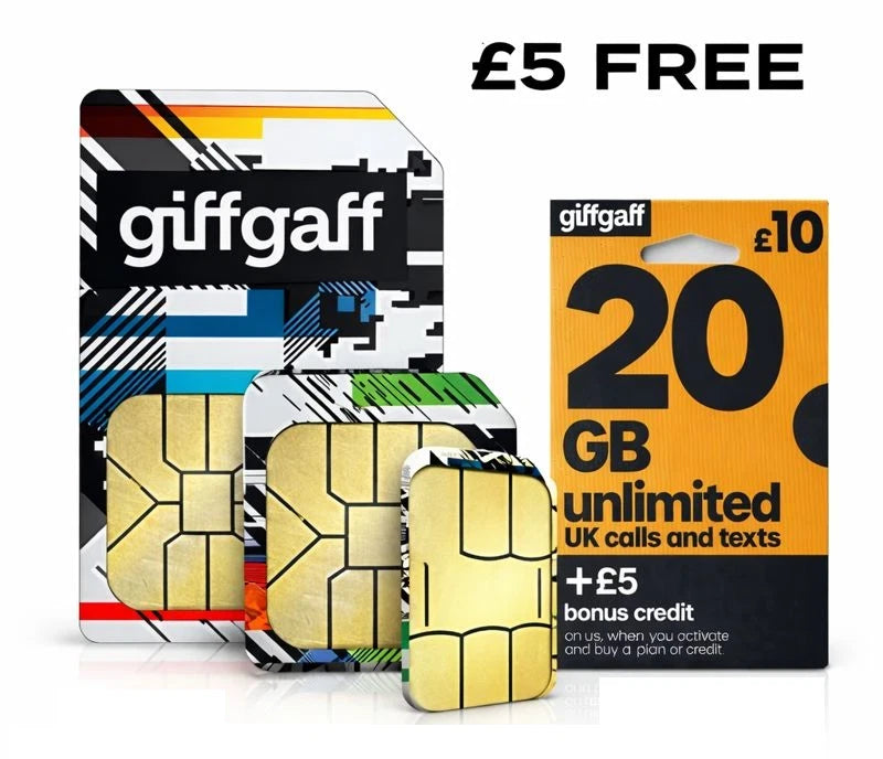 Giffgaff SIM Card UK | £5 Free Credit | 4G & 5G Ready | No Contract PAYG | 3-in-1 Nano Micro Standard | O2 Network