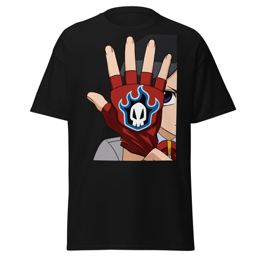 A black short-sleeve t-shirt featuring a large graphic print of an anime character's hand wearing a red glove with a blue and white skull emblem.
