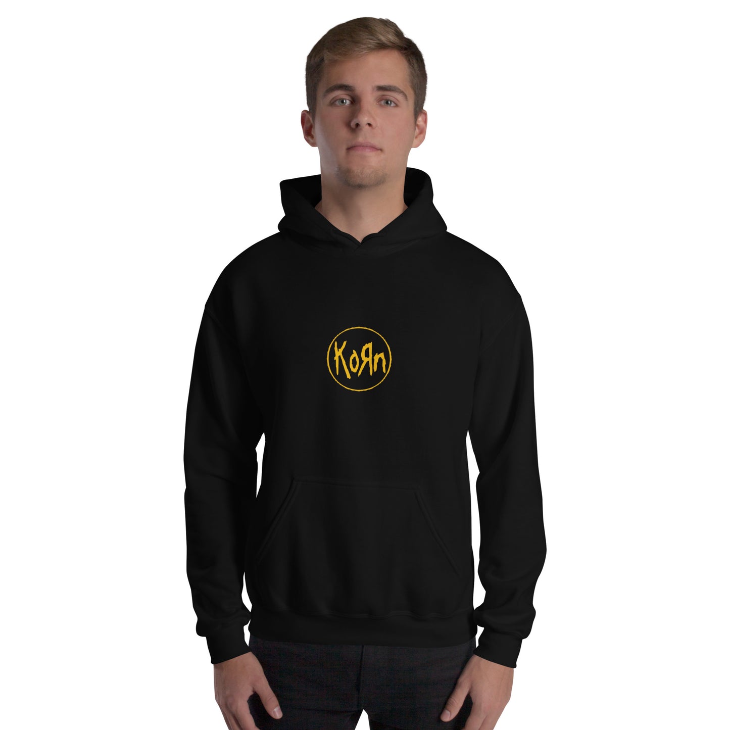 Person wearing a black hoodie with a graphic design on a white background