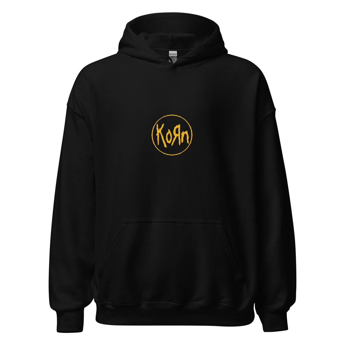 A black pullover hoodie with a yellow circular Korn logo printed on the center chest, displayed against a solid white background.