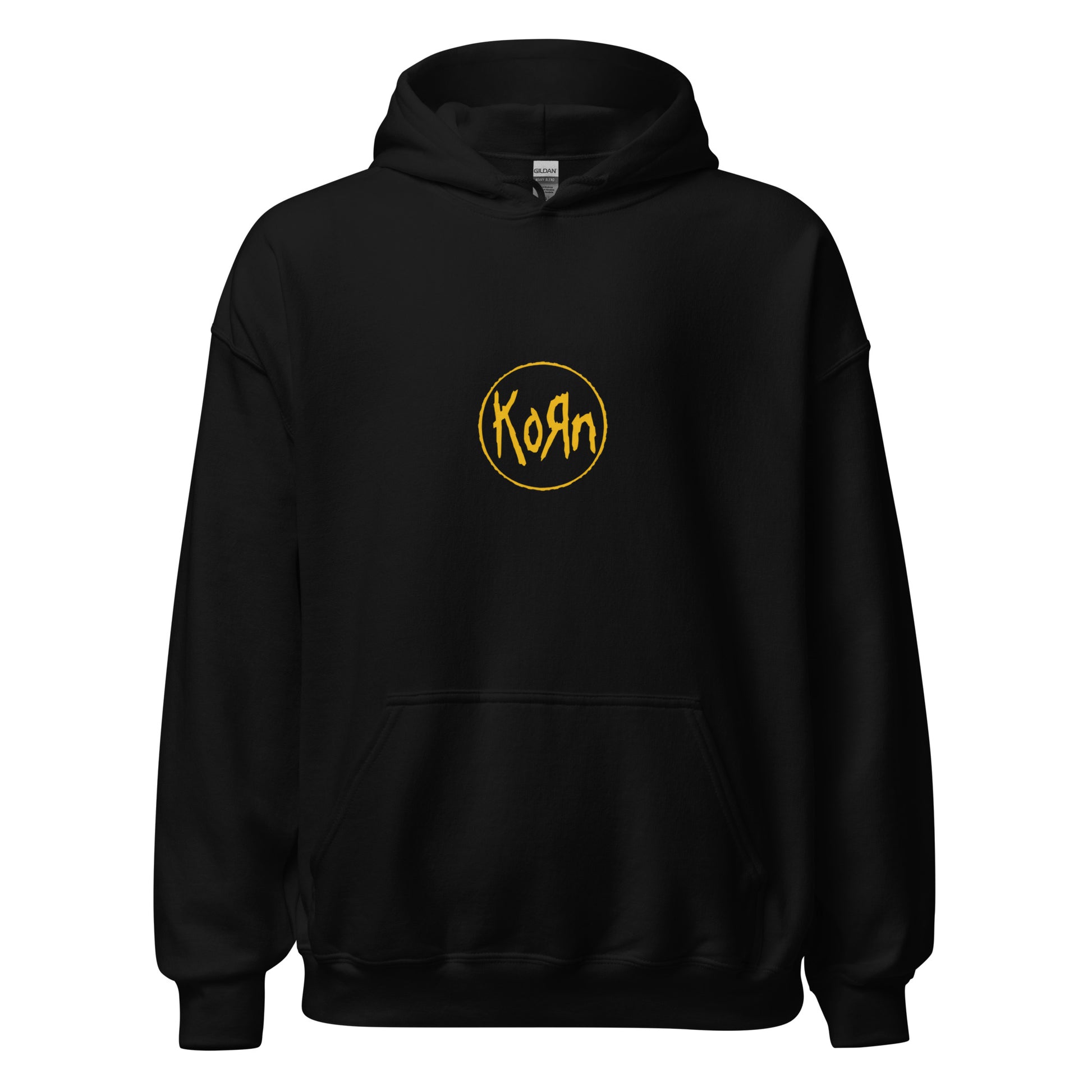 A black pullover hoodie with a yellow circular Korn logo printed on the center chest, displayed against a solid white background.
