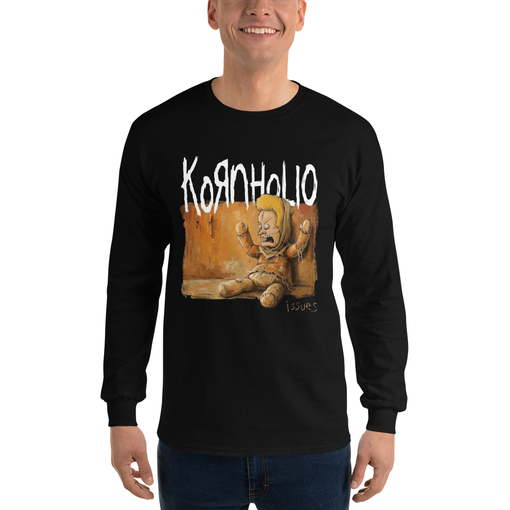 A man wearing a black long-sleeve t-shirt with a graphic print of a creepy doll and the word 'KornHolio' in a distressed white font, set against a plain white background.