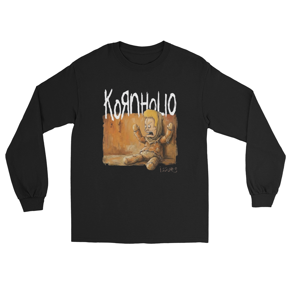 A black long-sleeve t-shirt featuring a graphic print of a creepy teddy bear sitting in a chair with the word 'KornHolio' written above it in a distressed white font, on a solid white background.