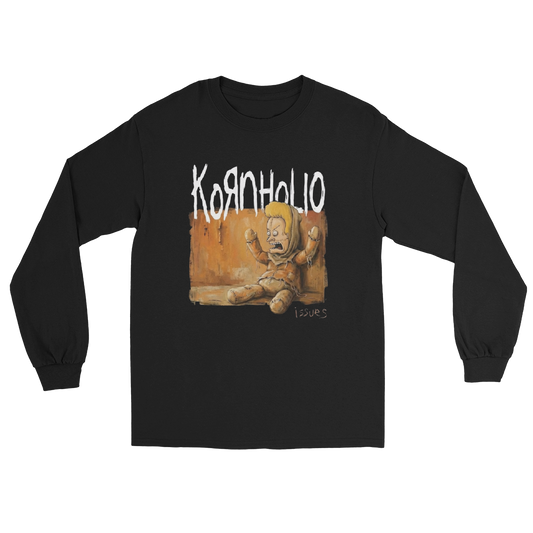 A black long-sleeve t-shirt featuring a graphic print of a creepy teddy bear sitting in a chair with the word 'KornHolio' written above it in a distressed white font, on a solid white background.