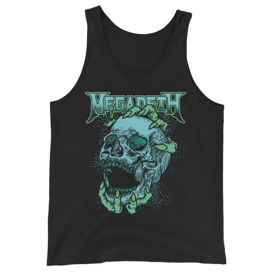A black tank top featuring a large graphic print of a skull with green slime and the Megadeth band logo above it, shown against a plain white background.