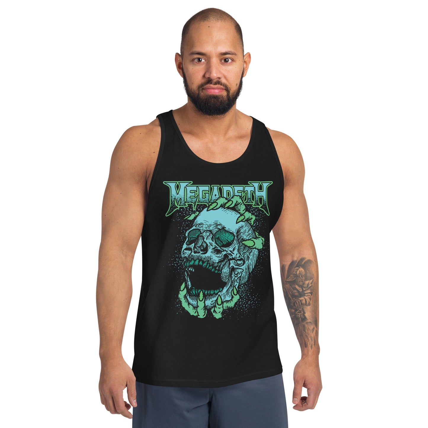 A man wearing a black tank top with a green and blue Megadeth graphic on the front, shown against a plain white background.
