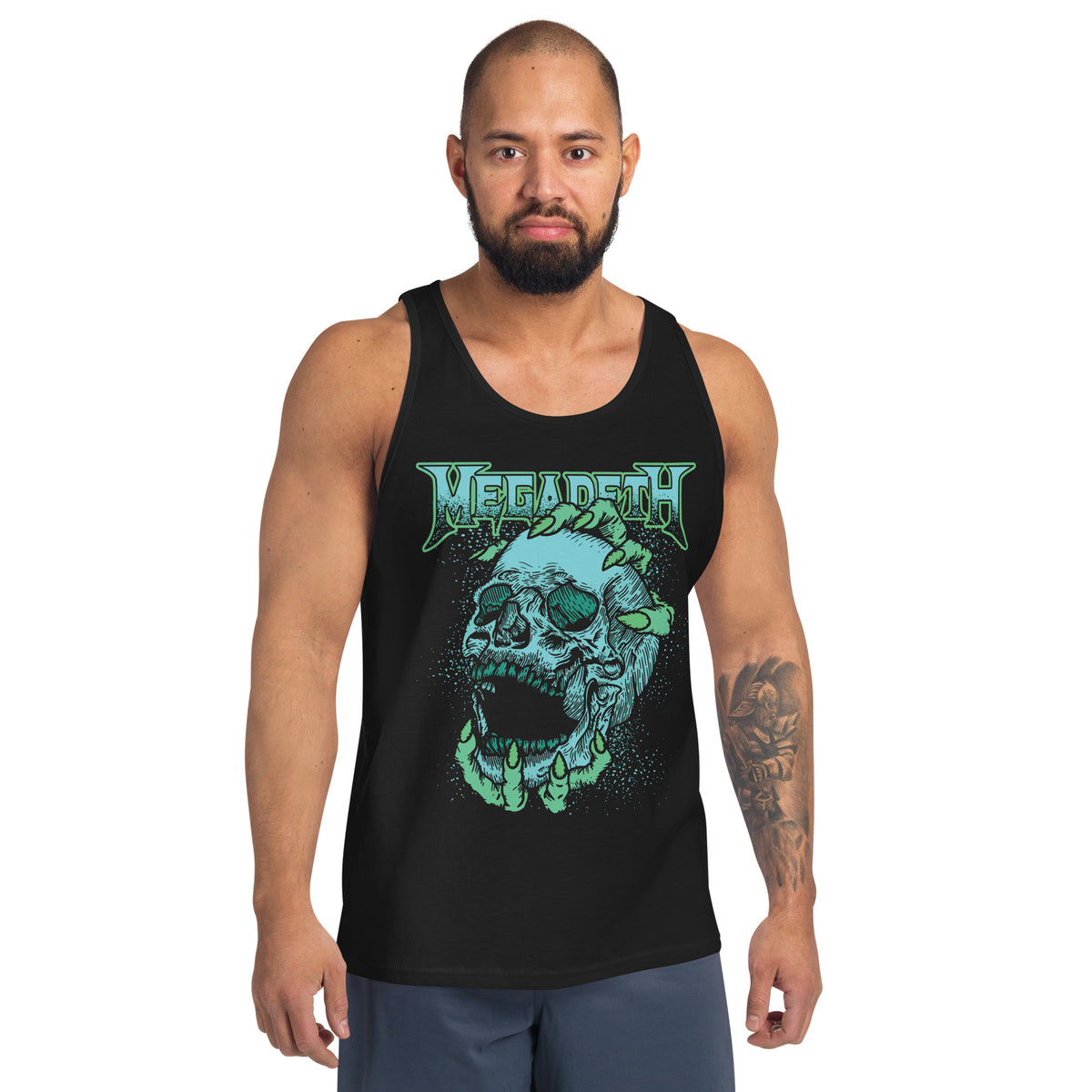 A man wearing a black tank top with a green and blue Megadeth graphic on the front, shown against a plain white background.