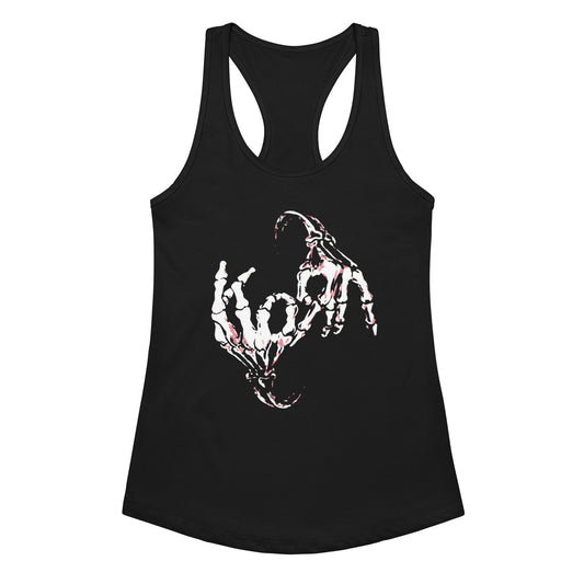 A black racerback tank top featuring a stylized graphic of skeletal hands spelling out 'Korn' on the front, set against a plain white background.
