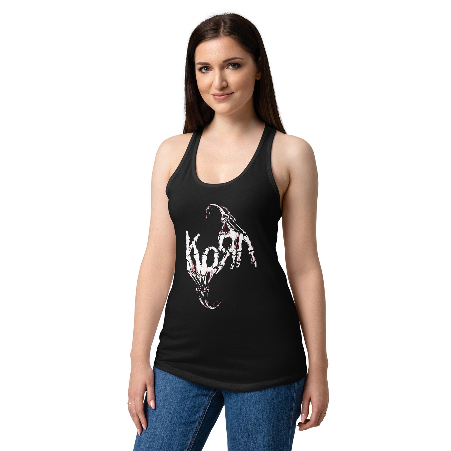 Woman wearing a black tank top with a logo and text on a white background